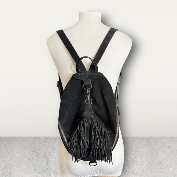 Rebecca Minkoff Black Julian Suede Leather Fringe Zip Convertible Backpack Bag - Picture 1 of 6